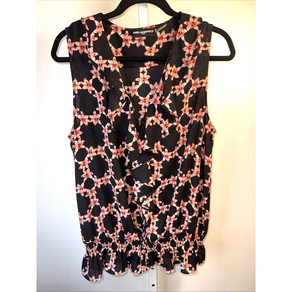 Karl Lagerfeld Black Pink Floral Print Sleeveless Blouse XL ($140) Ruffles Exc